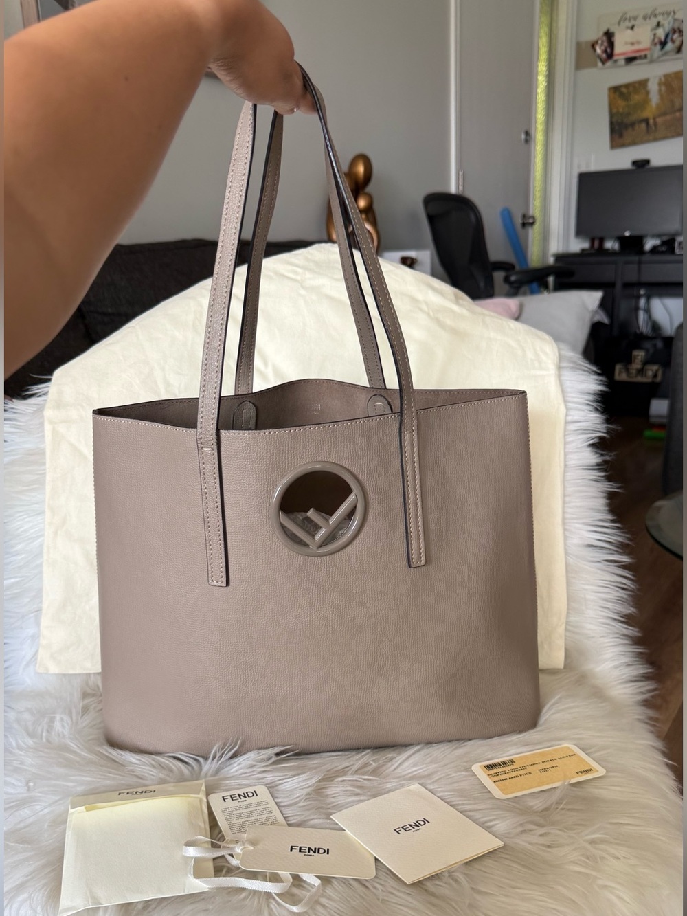 Authentic Fendi Taupe Leather Tote with FF Round Logo